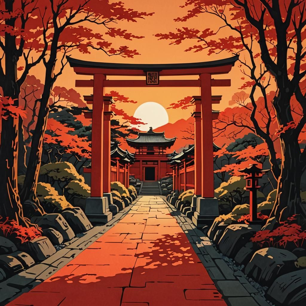 Ukiyo-e Illustration of a Japanese Torii Gate Pathway