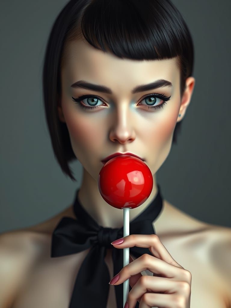 Surreal Portrait of a Pale Woman with a Red Tootsie Pop
