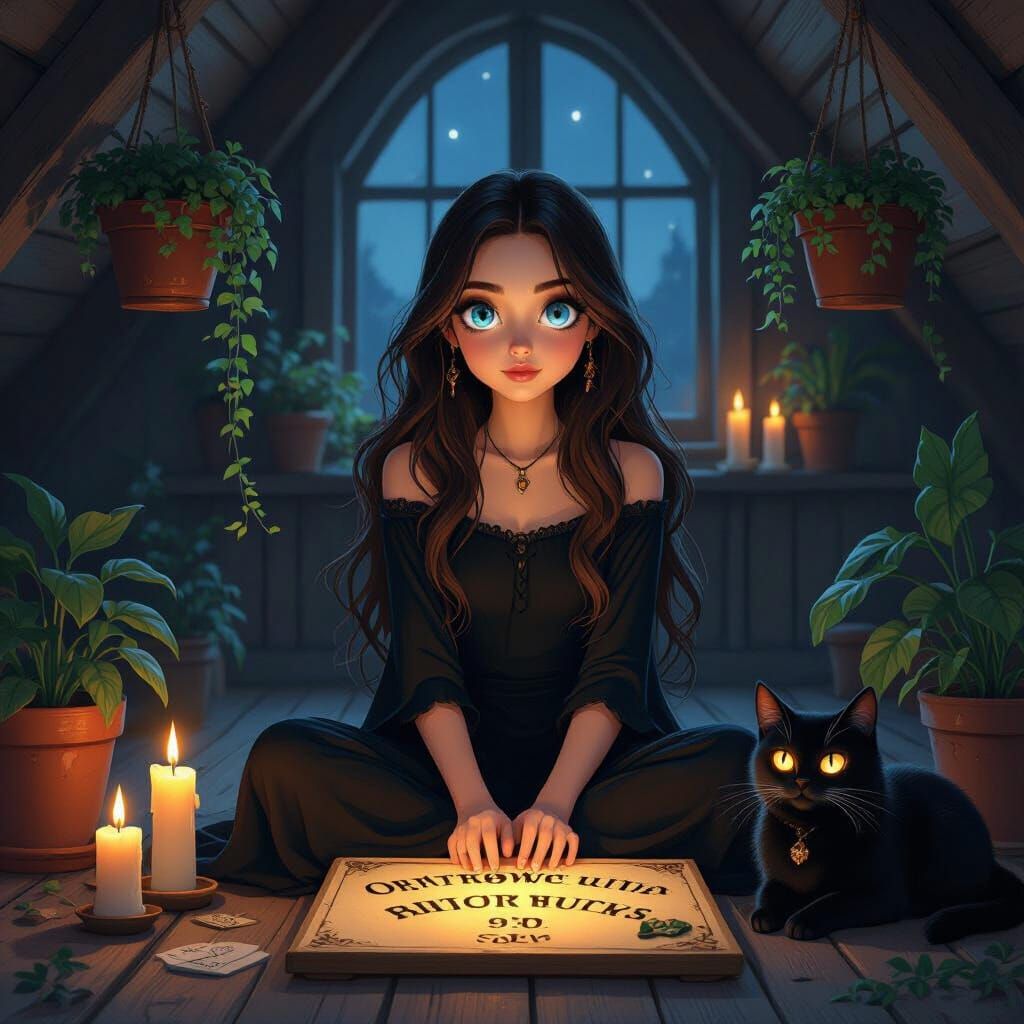 Mystical Witch at Ouija Board in Dark Attic