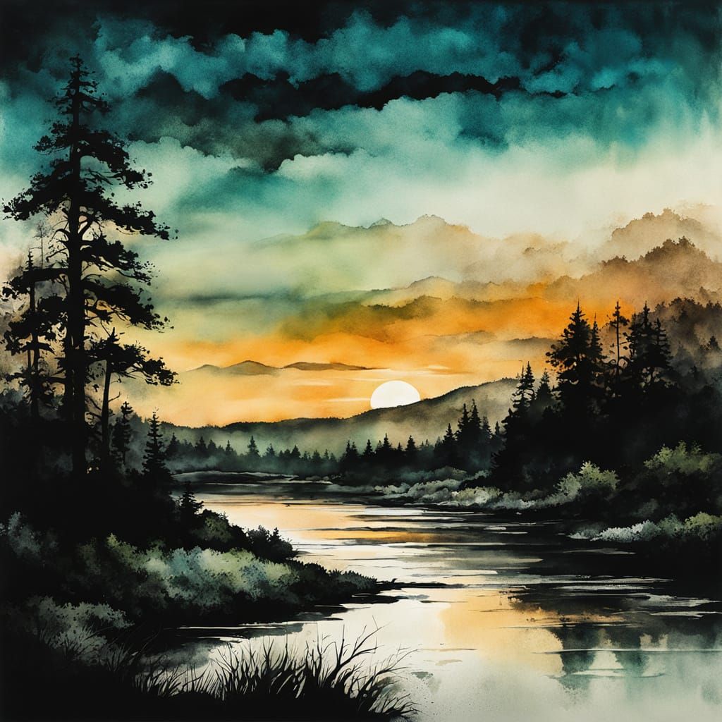 Moody Forest River Sunset Ink Painting