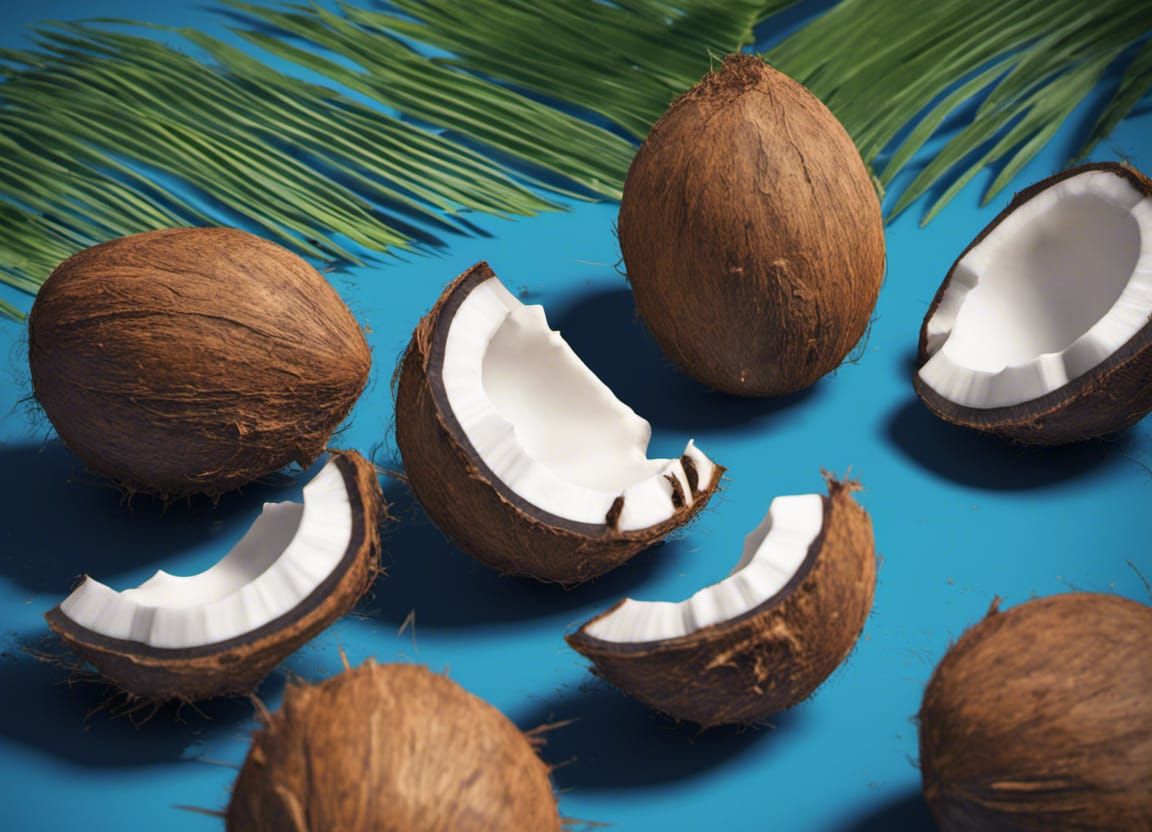 Hyperrealistic Coconuts and Palm Leaves on Blue Table