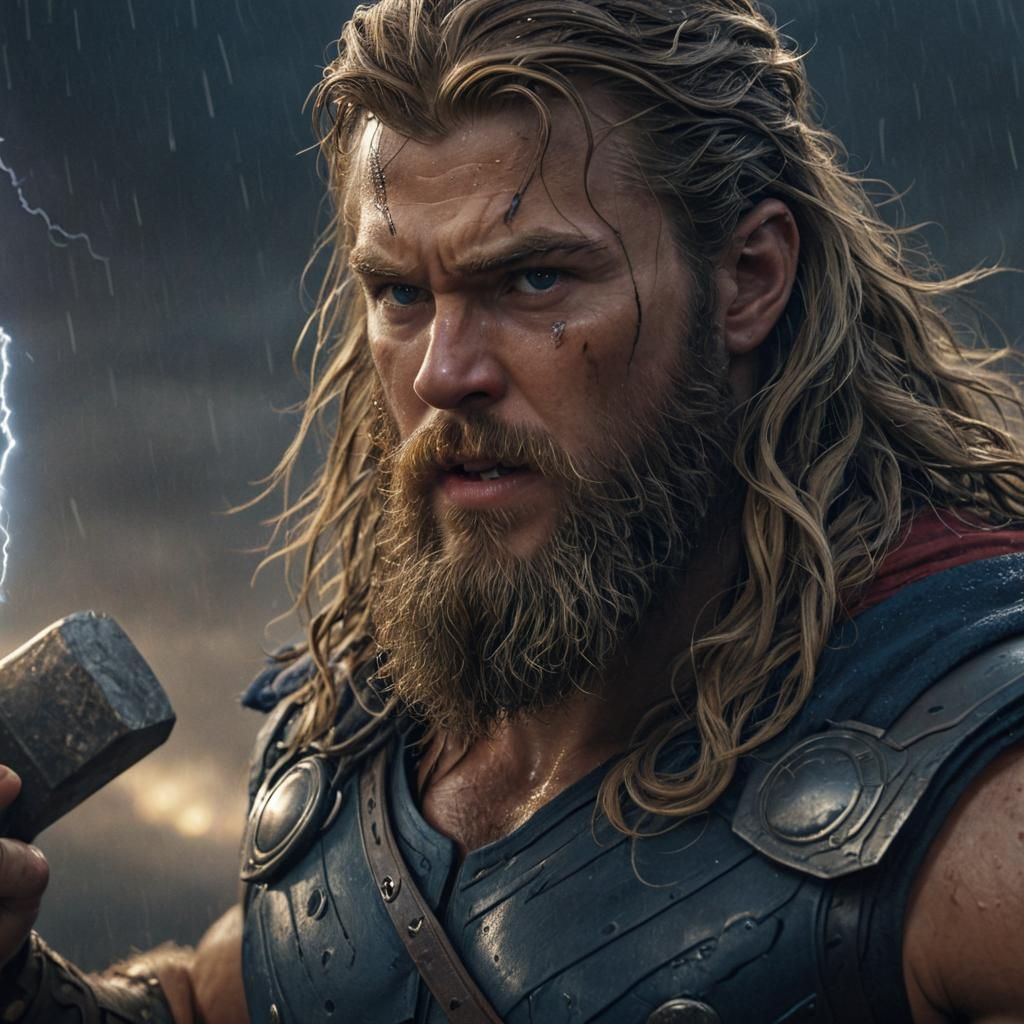 Thor's Furious Face Amidst Lightning Storm