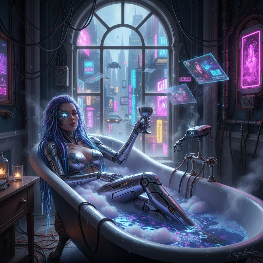 Cyborg Woman Enjoys Futuristic Bathtub