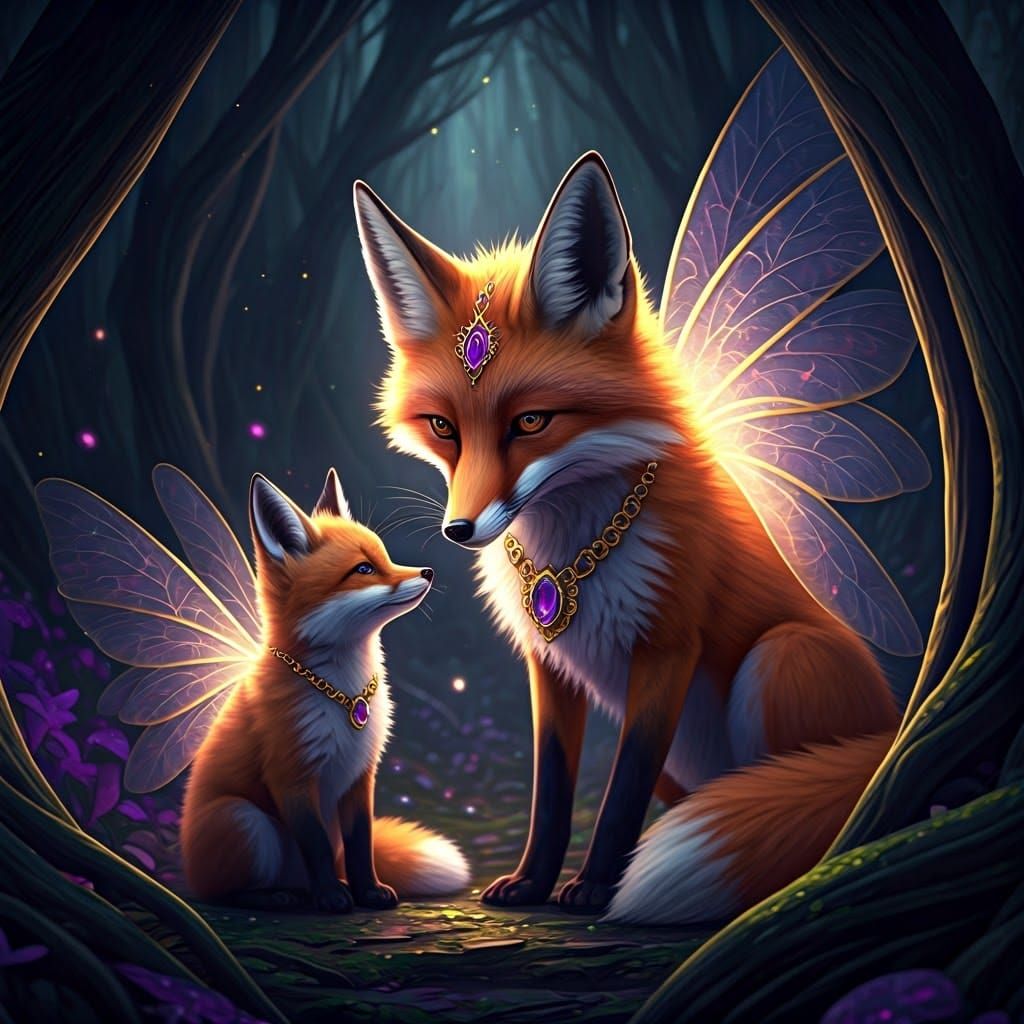 Ethereal Fox Family in Mystical Forest, Dark Fantasy Art