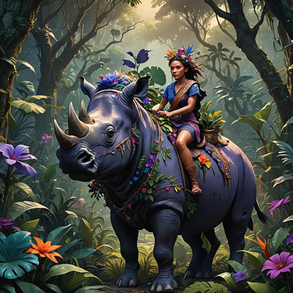 Atina Rides a Rhinoceros in Dense Jungle