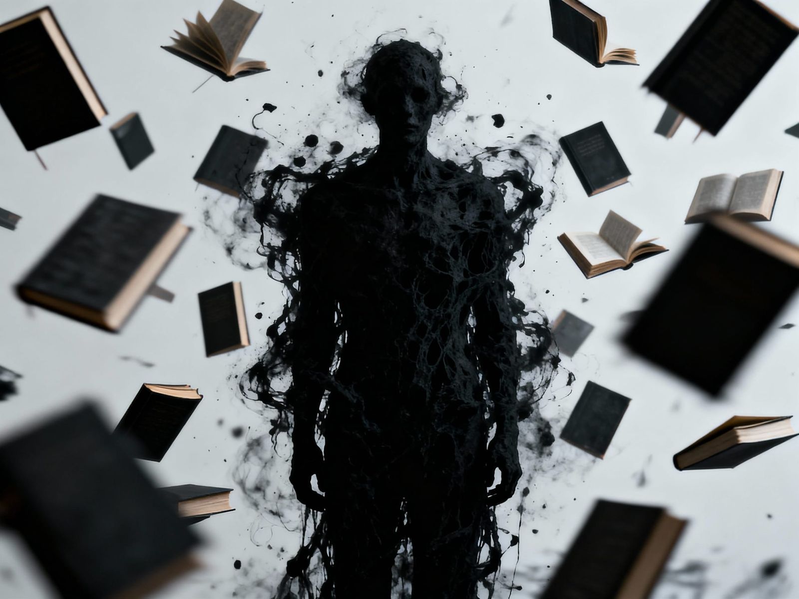 Minimalist Void Entity Surrounded by Flying Books