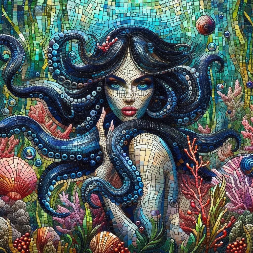 Underwater Octopus Mosaic in Vibrant, Detailed Style