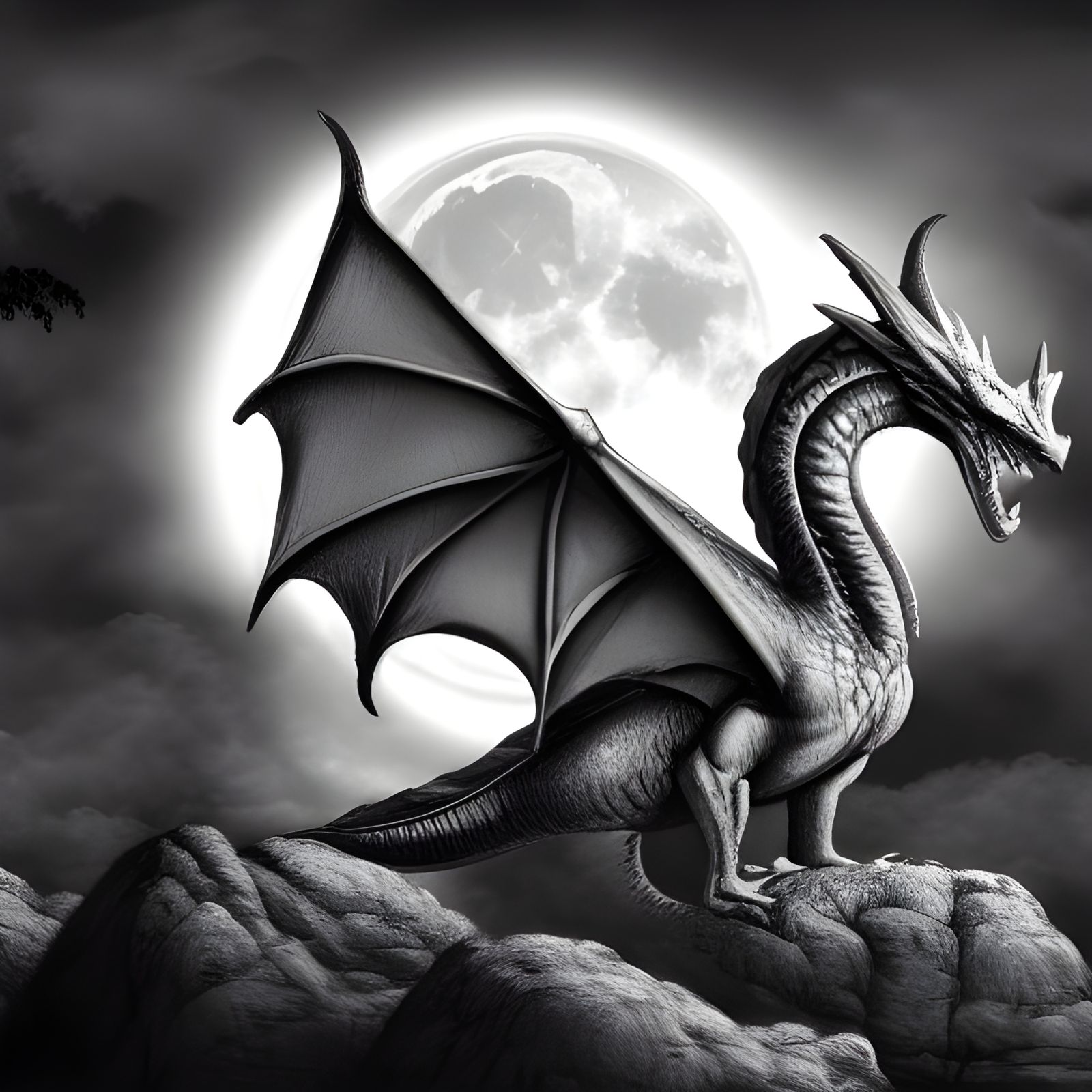 Black and White Dragon Under the Moon