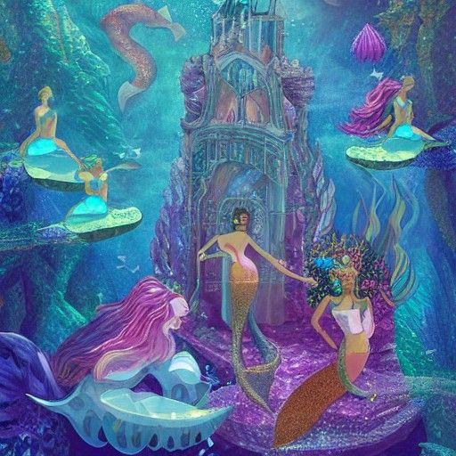 Underwater Palace with Merfolk in Astral Style