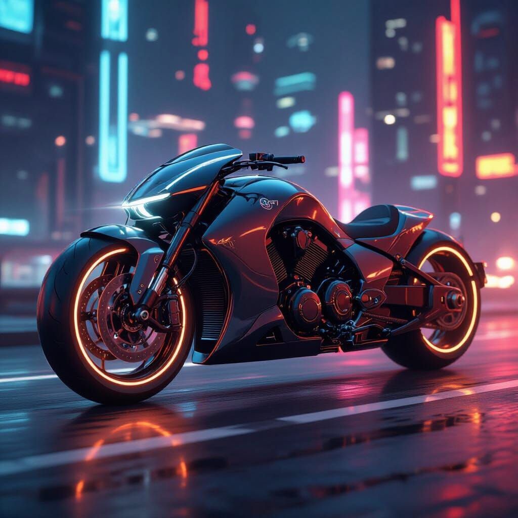 Futuristic Art Deco Motorcycle in Neon Cityscape