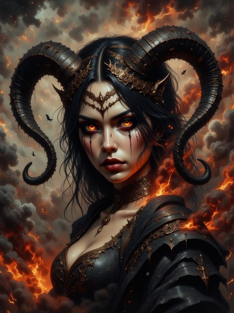 Infernal Empress: Demon Portrait in Matte Painting Style