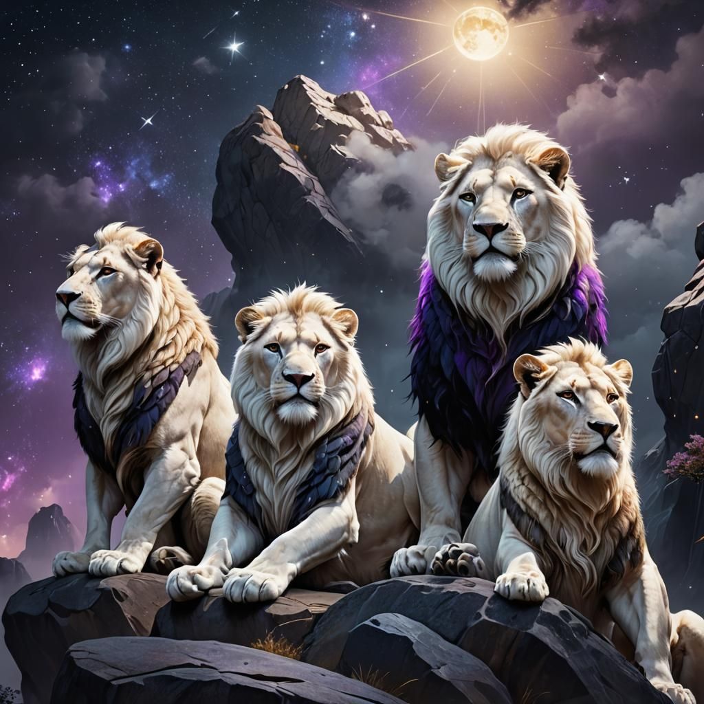 White Lions Gazing at Starry Sky, Digital Art