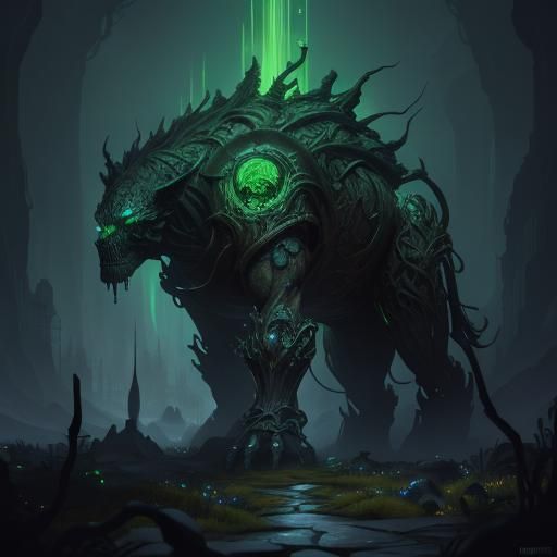 Female Stone Golem with Green Lights: Dark Fantasy Art