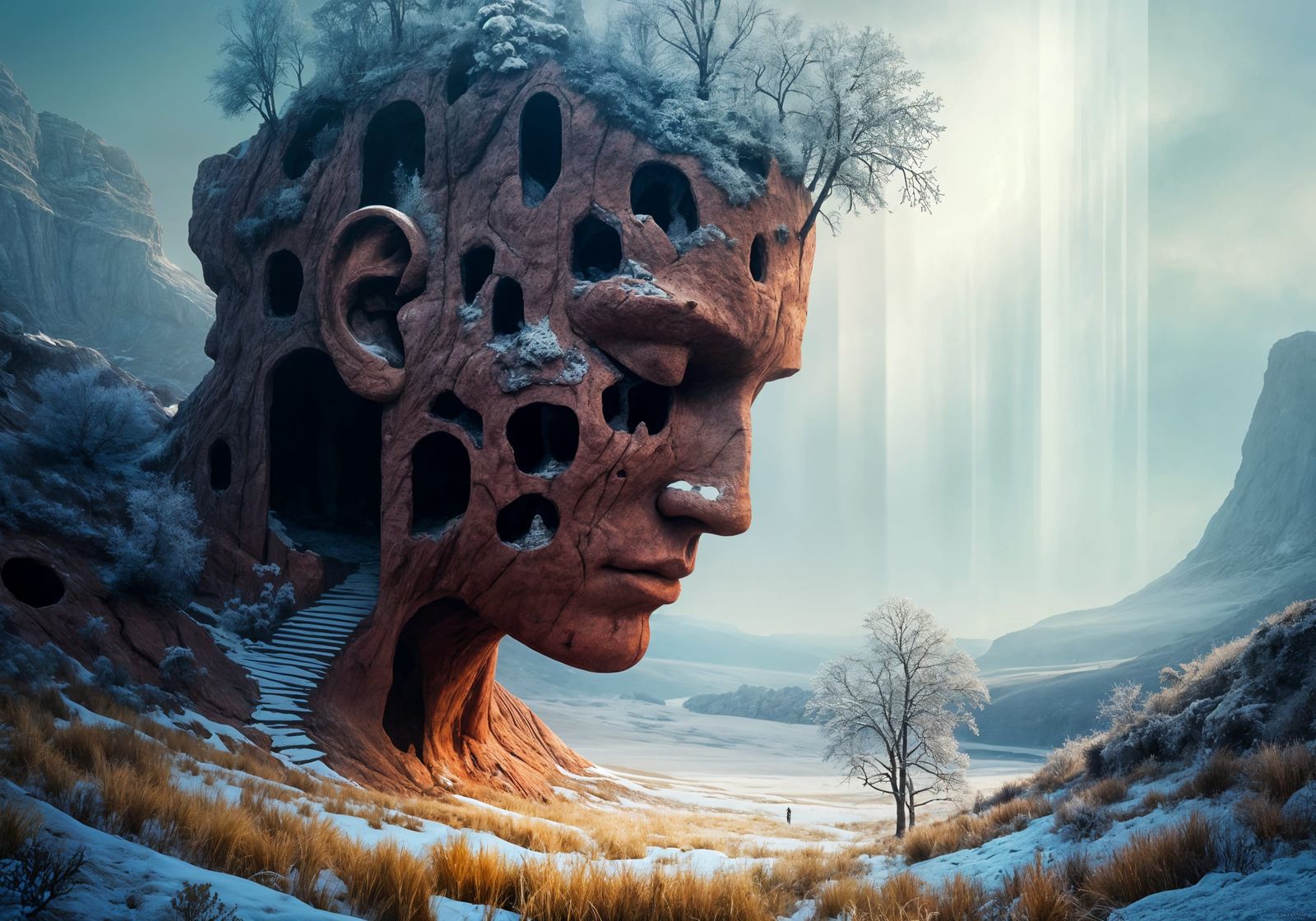 Surreal Stone Face Fortress in National Geographic Style