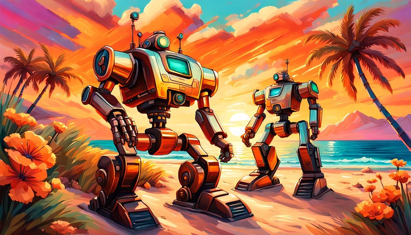 Steampunk Robots Battle on Sunny Shore: Oil Painting