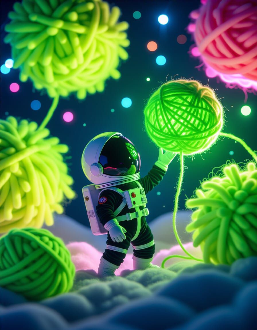 Astronaut Reaches for Yarn Planet in Space