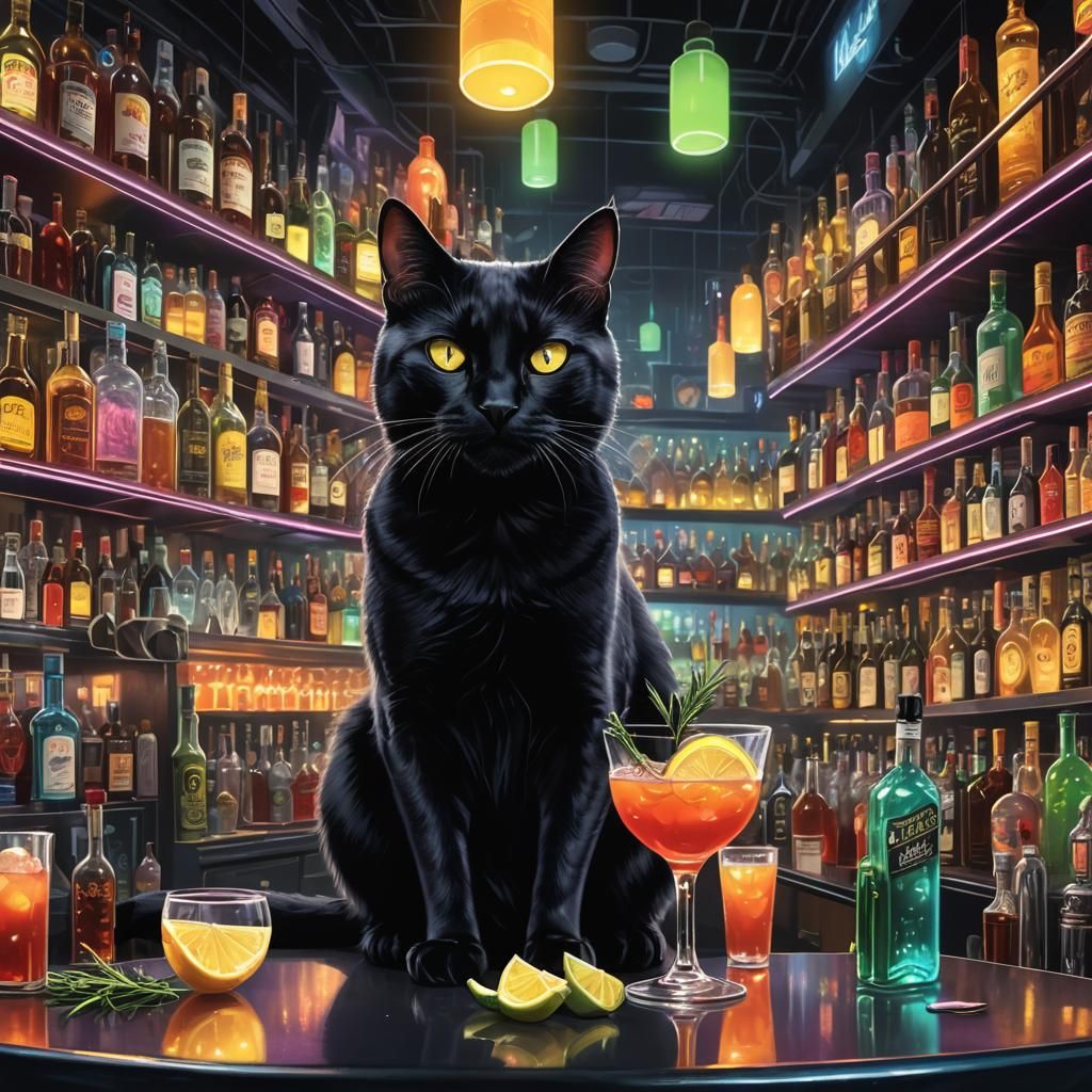 Futuristic Cat Bartender Mixing Neon Cocktail