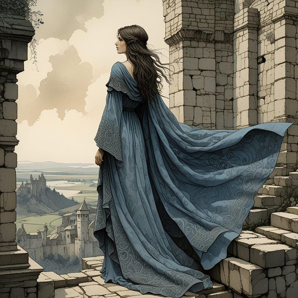 Woman on Fortress Wall in Hyperdetailed Charcoal Drawing