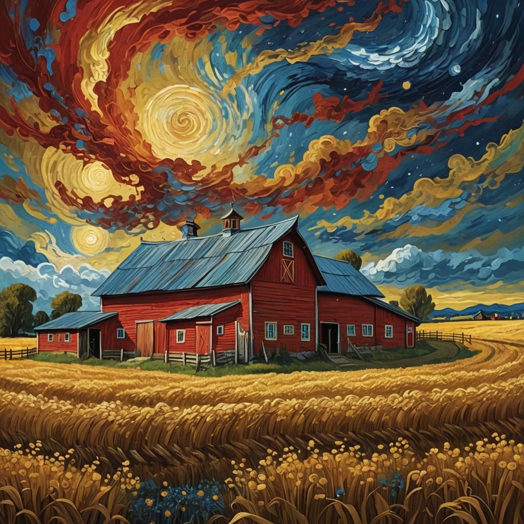 Golden Sky Over Red Barn: A Van Gogh-Inspired Scene
