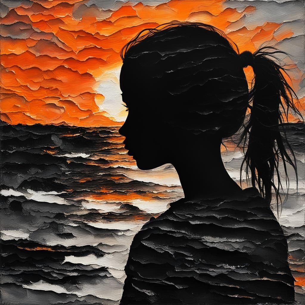 Girl Silhouette at Sunset: Impasto Style