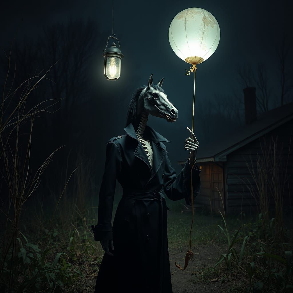 Eerie Skeleton Figure Stands at Abandoned Farmhouse in Midni...