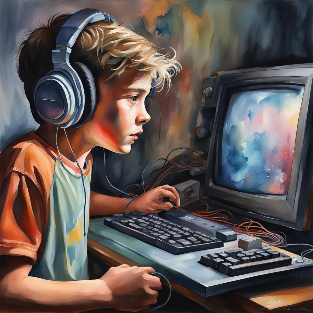 Boy with 90s Computer in Watercolor Style