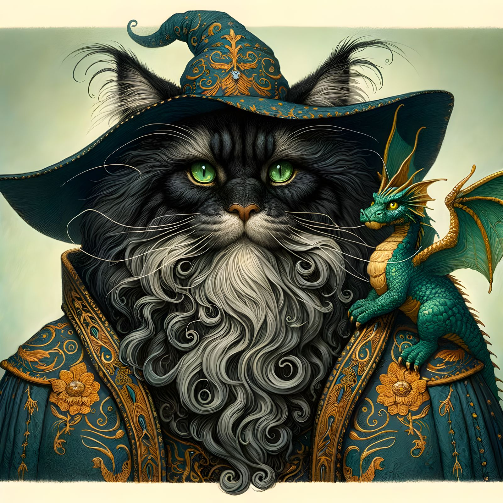 Mystical Maine Coon Cat in Wizard Robes with Miniature Drago...