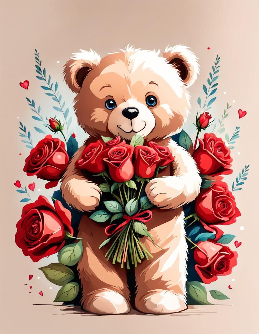 Smiling Teddy Bear with Rose Bouquet