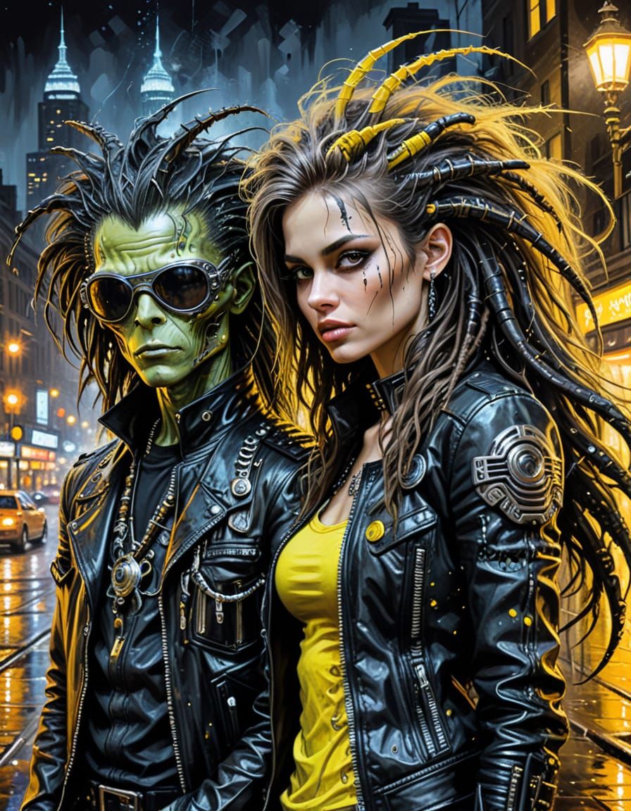 Steampunk Alien Xenomorph in City at Night