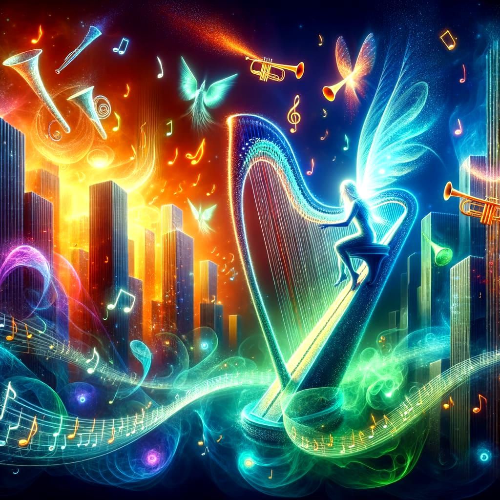 Surreal Musician Plays Neon Harp in Floating City