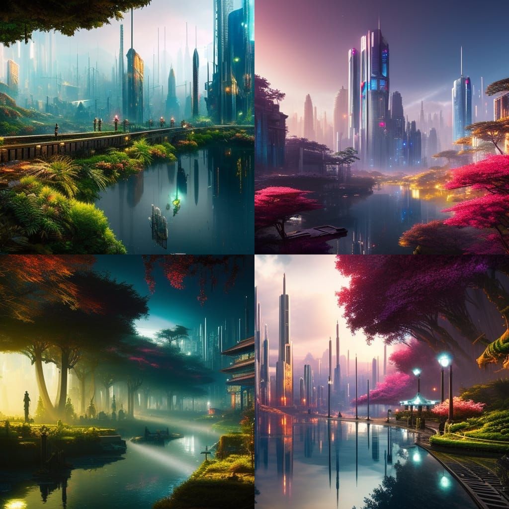 Cyberpunk Fantasy City Park in Ghibli Style