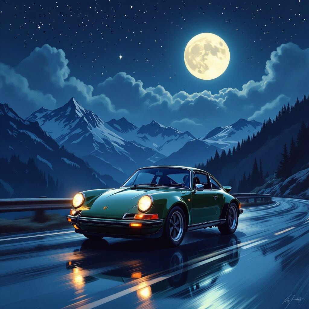 Vintage Porsche 911 on Mountain Road at Night