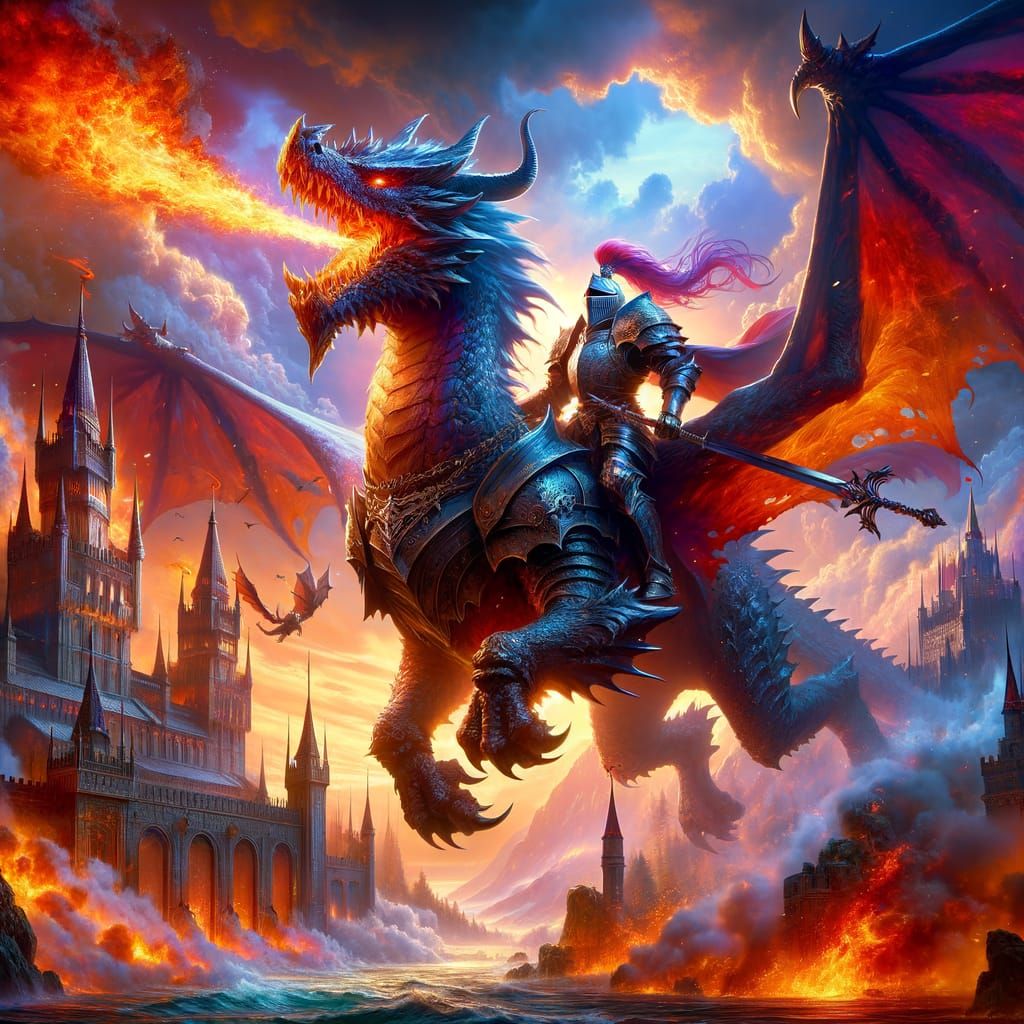 Knight Rides Dragon in Storm: Hyperrealistic Concept Art