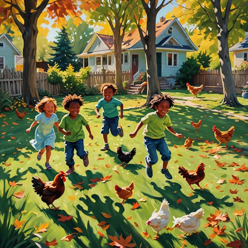 Black Children Chase Chickens: Vibrant Oil Painting