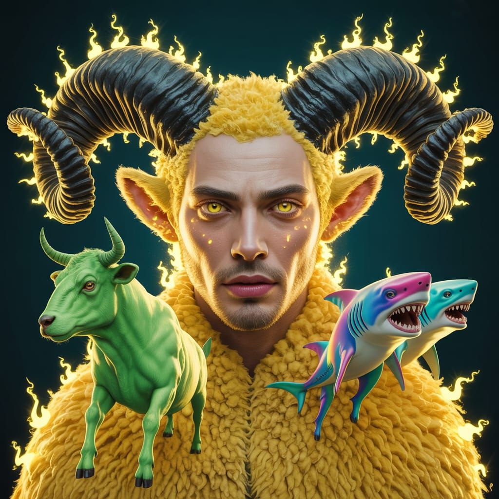 Psychedelic Humanoid with Flaming Horns and Spiraling Aura