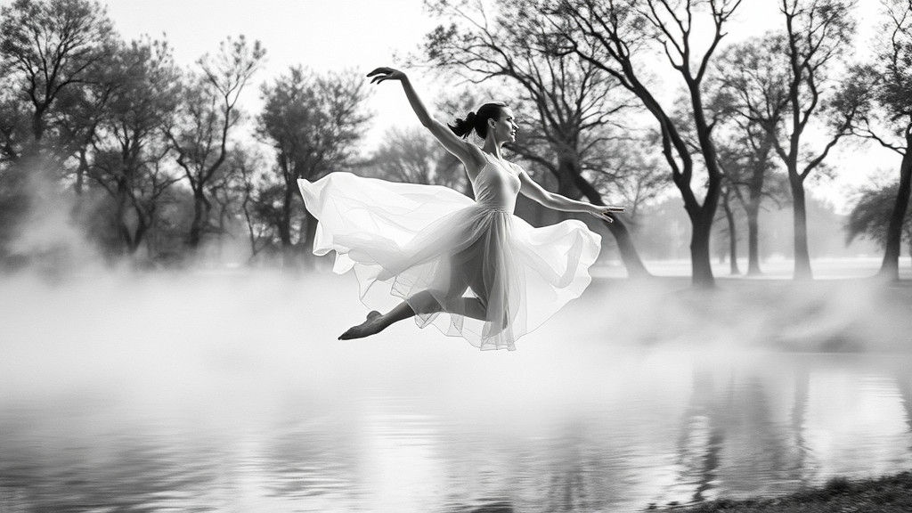 Weightless Dance Leap in Dreamlike Landscape