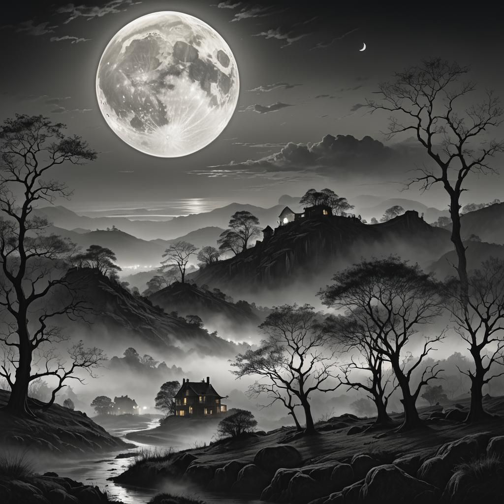Ethereal Lunar Landscape in Charcoal and Photorealism