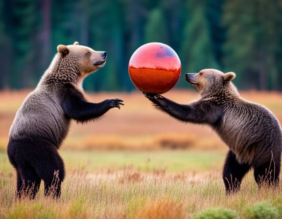 Grizzly Bears Play with Giant Ball in Field