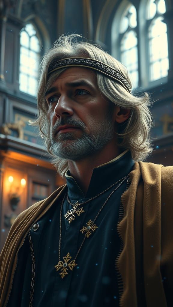 King Lost in Thought in Magical Library