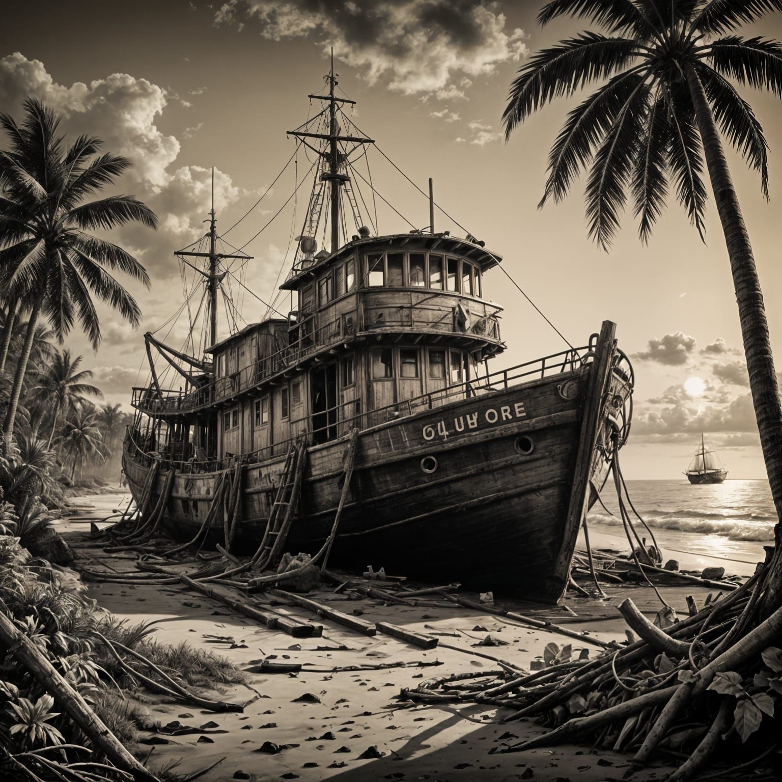 Abandoned Shrimp Boat on Pacific Island in Sepia Tone