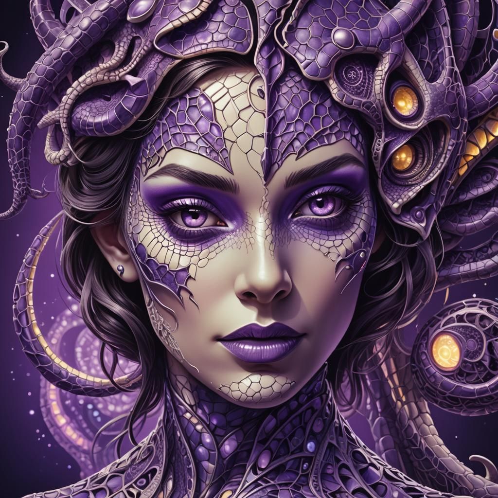 Lady and Reptile Face Fusion in Retro-Futuristic Style
