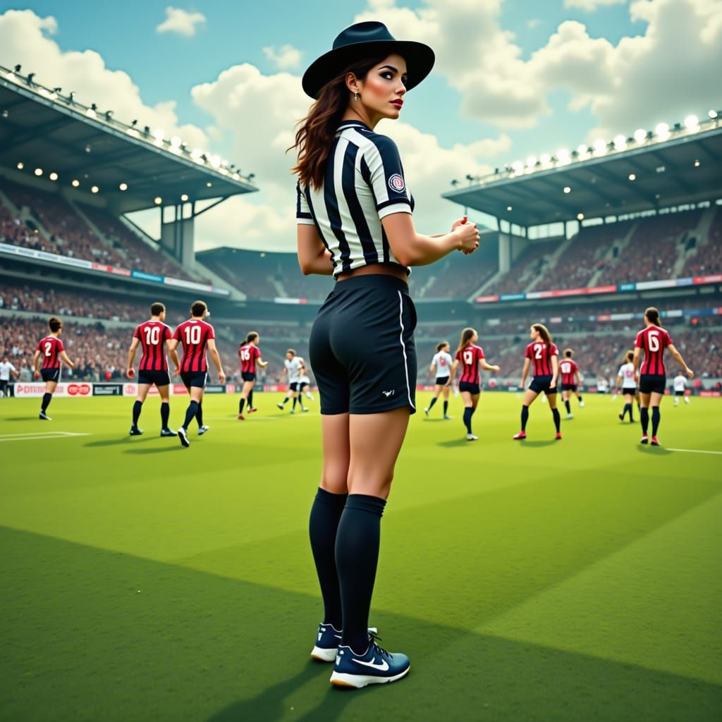 Female Referee in Art Nouveau Style on Soccer Field