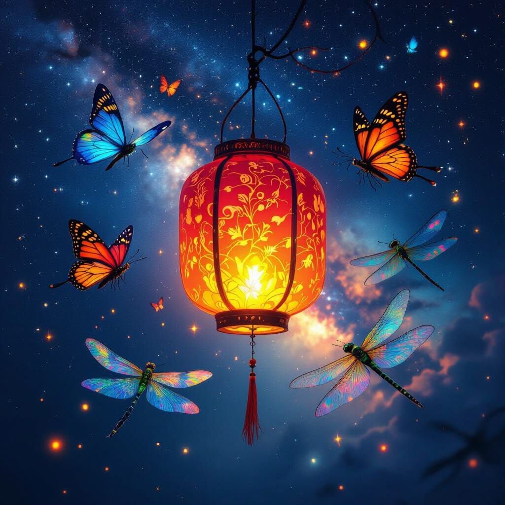 Celestial Lantern with Fire Butterflies and Dragonflies
