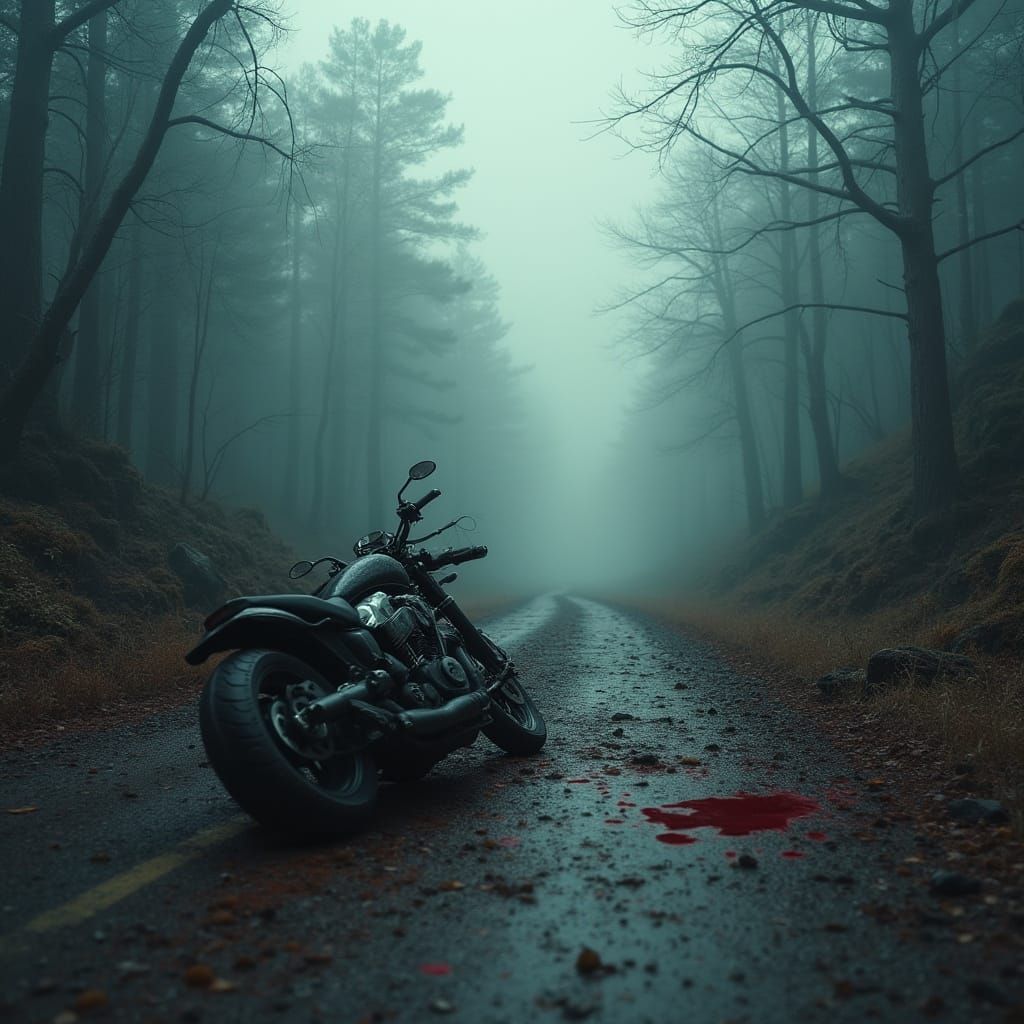 Abandoned Motorcycle on Mountain Road at Dawn