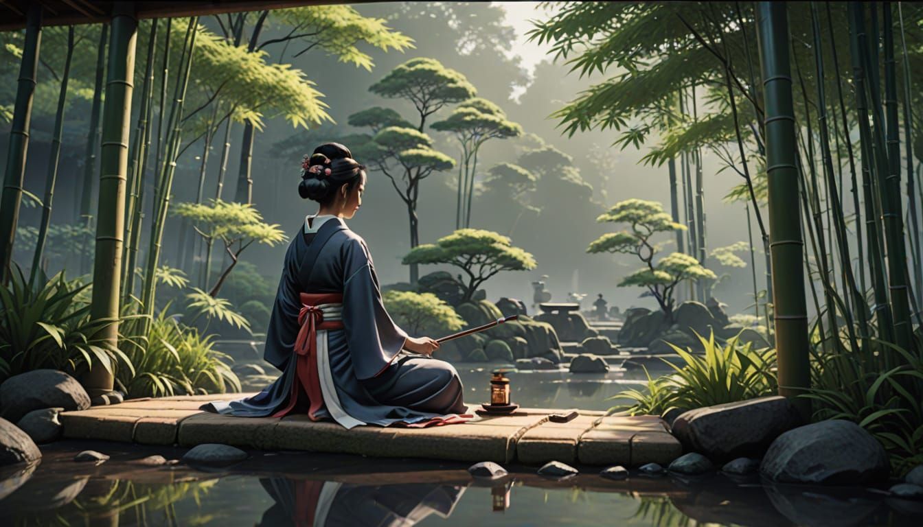 Geisha in Bamboo Garden: Japanese Ink Painting