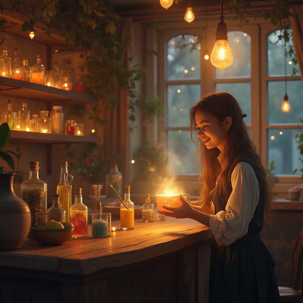 Enchanted Cafe Potion Barista Serving Glowing Mug