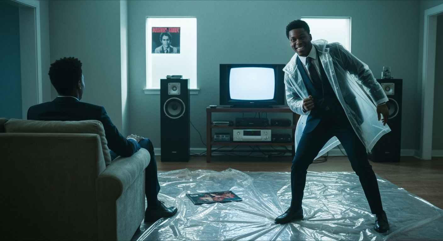 Man Dances in American Psycho Style Living Room