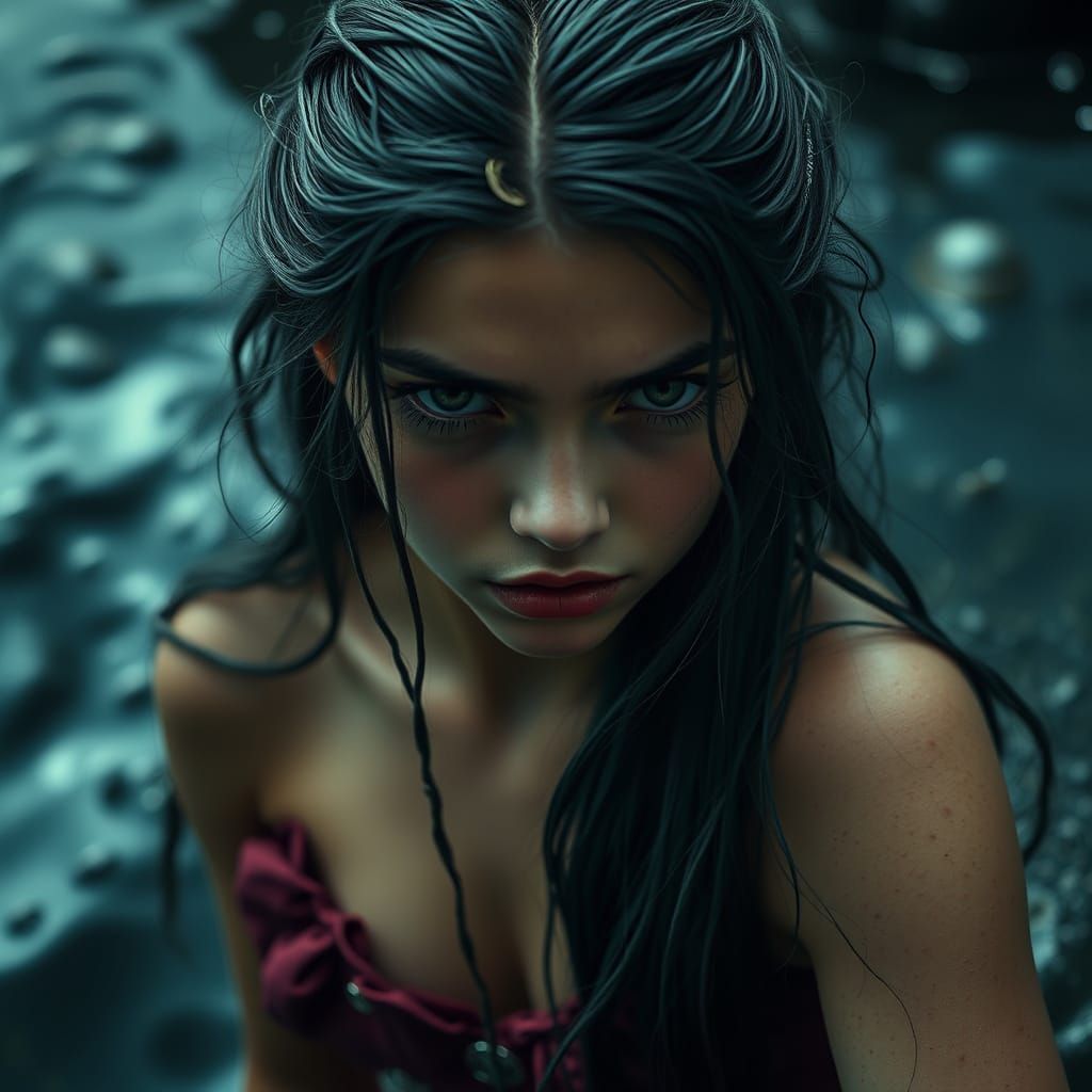 Grumbling Mermaid Teenager in Hyperrealistic Style
