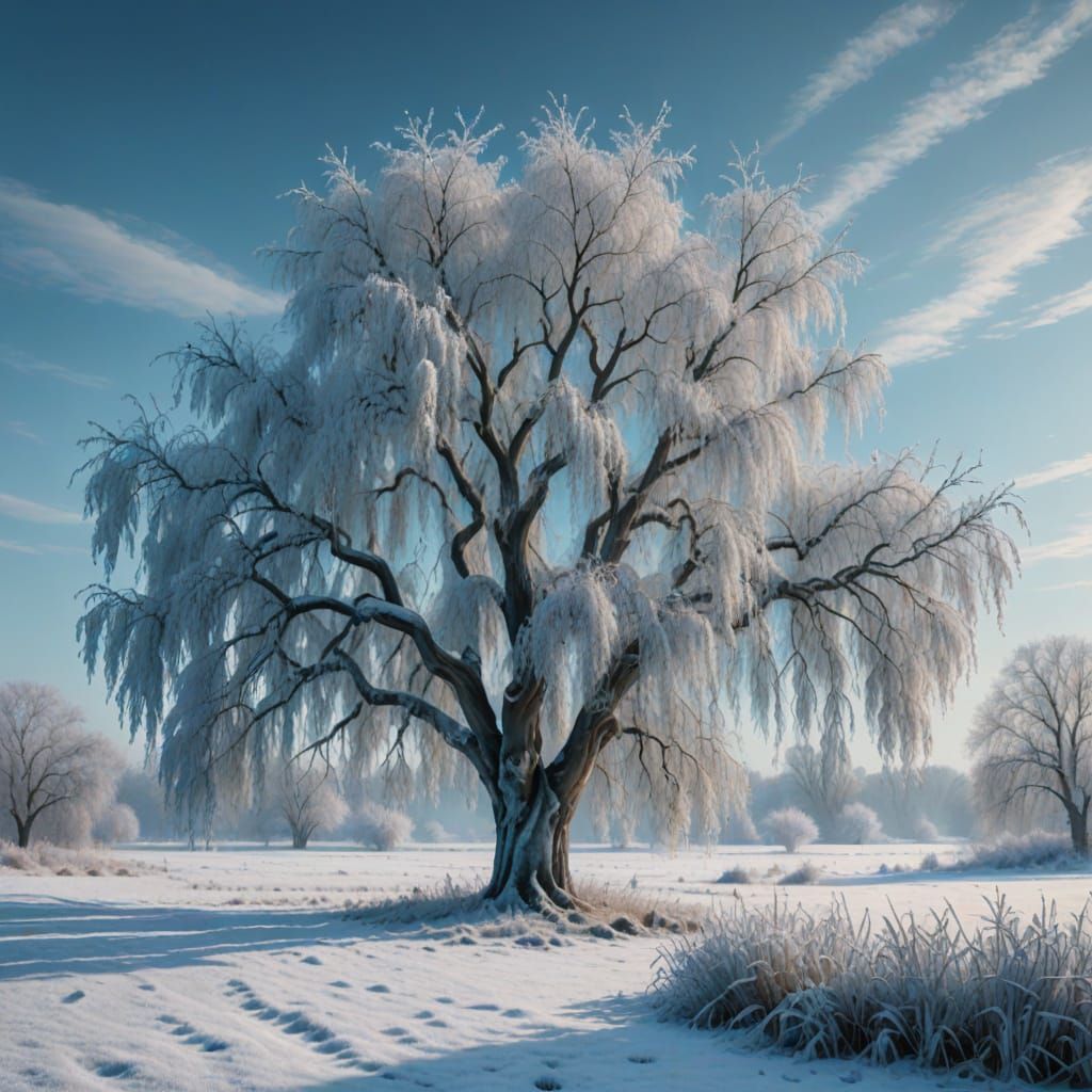 Majestic Willow Tree in Frosty Winter Meadow