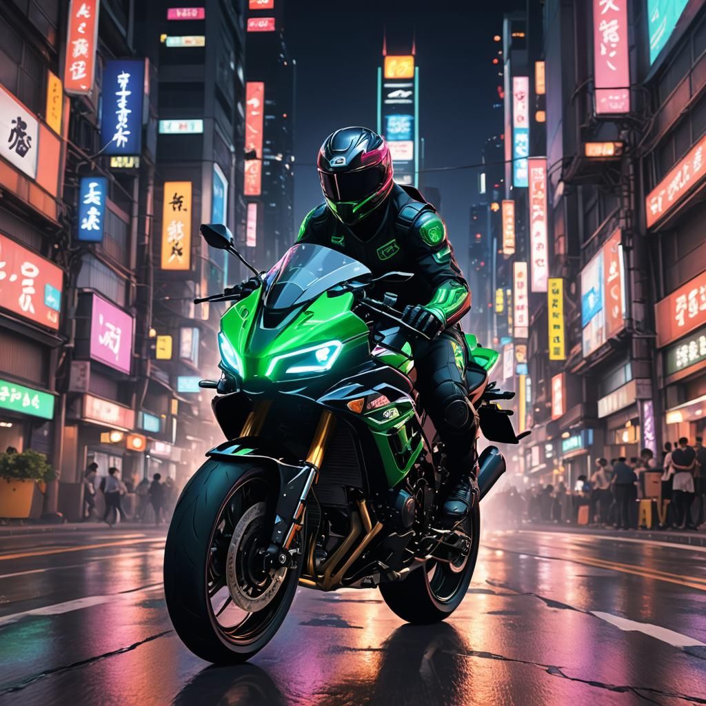 Kawasaki Ninja H2R in Neon City, Anime Concept Art
